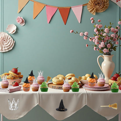 XLENGO 18 Pcs Witch Birthday Cupcake Toppers, Witch Hat Cake Topper Crown and Broom Cake Decorations for Witch Themed Birthday Party Supplies