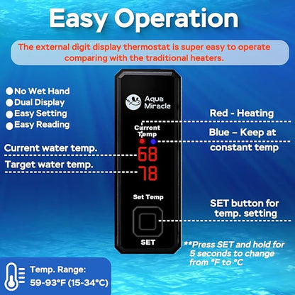 AquaMiracle 25W Small Aquarium Heater Fish Heater, Super Mini Fish Tank Heater Turtle Tank Heater for 3-5 Gal Tanks, with Dual LED Display, Dry-Run/Overheating Protection & Memory Function