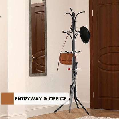 Coat Rack Freestanding,12 Hooks Metal Coat Racks with Umbrella Holder,Sturdy Hall Rree,Easy Assembly Coat Rack Stand for Hanging Scarf,Purse,Hats,Jacket(Black)