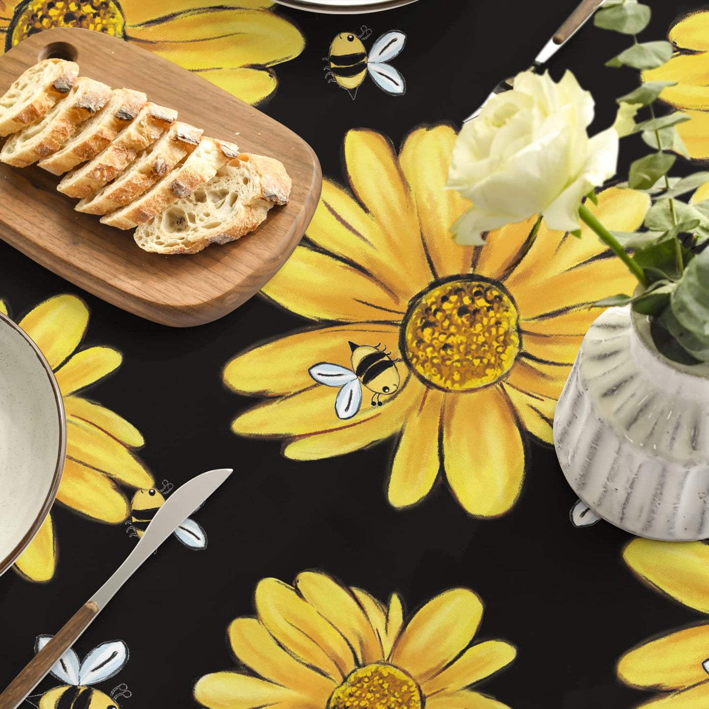 Horaldaily Summer Tablecloth 60×84 Inch Rectangular, Yellow Sunflower Bumble Bee Black Fall Washable Table Cover for Party Picnic Dinner Decor