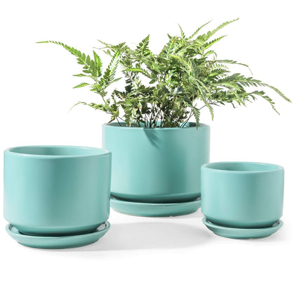 LE TAUCI Ceramic Plant Pots, 4.3+5.3+6.8 inch, Set of 3, Planters with Drainage Hole and Saucer, Indoor Flower Pot with Hole Mesh Pad, Gifts for Mom, Aqua