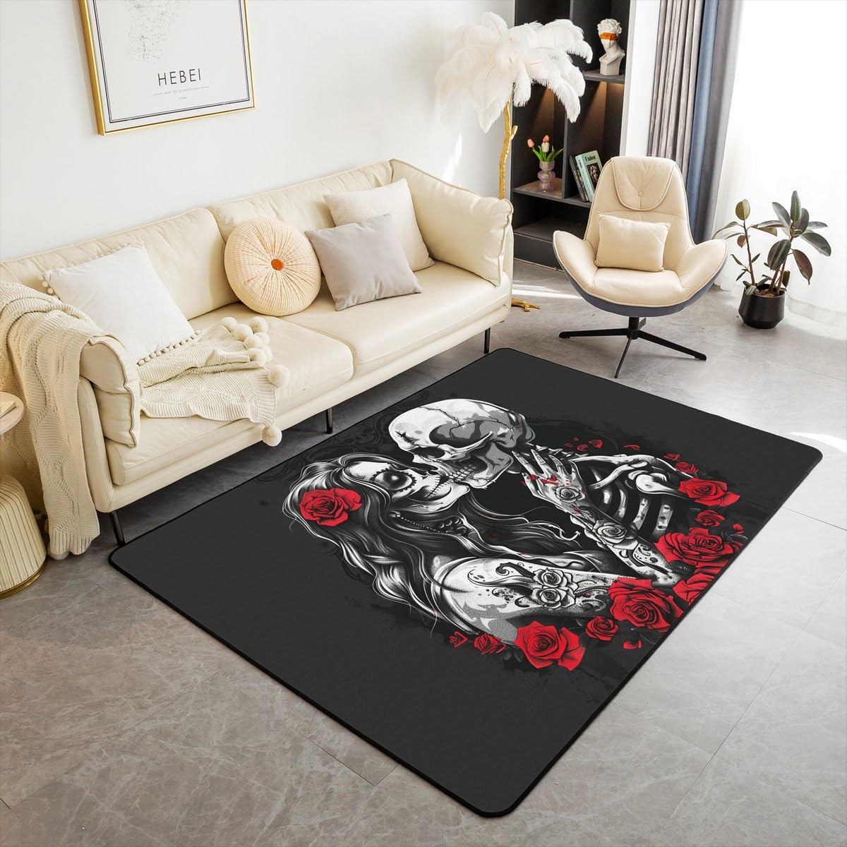 Erosebridal Gothic Couple Skull Area Rug 3x5 Skeleton Bones Rug for Bedroom Living Room Halloween Red Rose Flower Carpet Decor Goth Style Indoor Floor Mat Non Slip