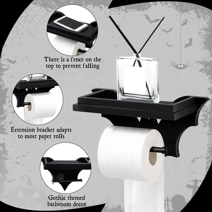 Chunful Bat Toilet Paper Holder with Shelf Gothic Creepy Wooden Black Paper Roll Holder Wall Mount Gothic Christmas Halloween Decor for Bathroom