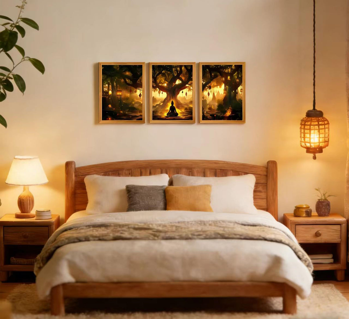 3Pcs Framed Buddha Under Bodhi Tree Canvas Wall Art，Zen Spiritual Wall Decor, Mystical Forest Lantern Poster for Living Room Bedroom Office