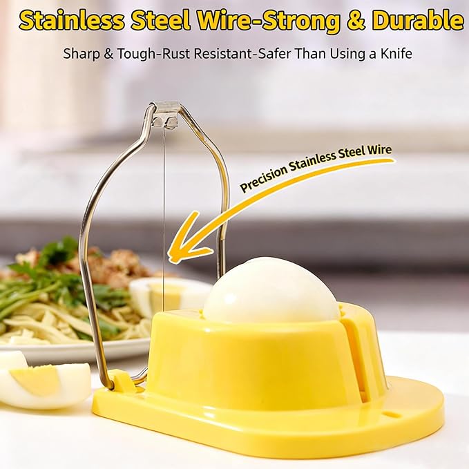 Egg Slicer, Semi-Round Curved Yellow Egg Cutter for Hard Boiled Eggs – Stainless Steel Wire Cutter with Ergonomic Handle for Salad, Cobb Salad, Avocado Toast & Food Garnish, Easy to Clean (2)