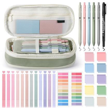 KOUDGY 49Pcs Book Annotation Kit - Aesthetic School Supplies with Cute Pen Case Highlighters Gel Pens and Marker, Sheets Transparent Index Tabs Sticky Notes Bible Study Supplies(Green)