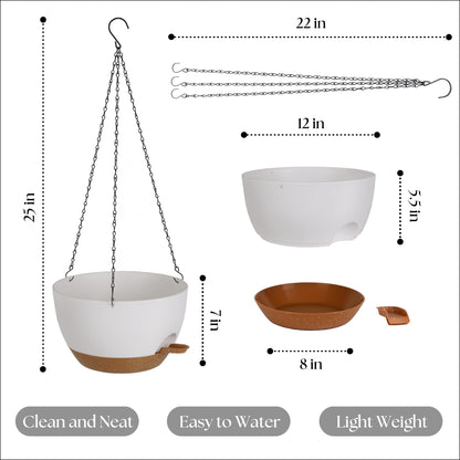 TYMENSH Hanging Plant Pots 12 inch Set of 2, Self Watering Hanging Planters with Drainage Holes, Indoor Outdoor Plastic Flower Pots with Hanging Chains for Balcony, Porch, Garden, Home Décor, White