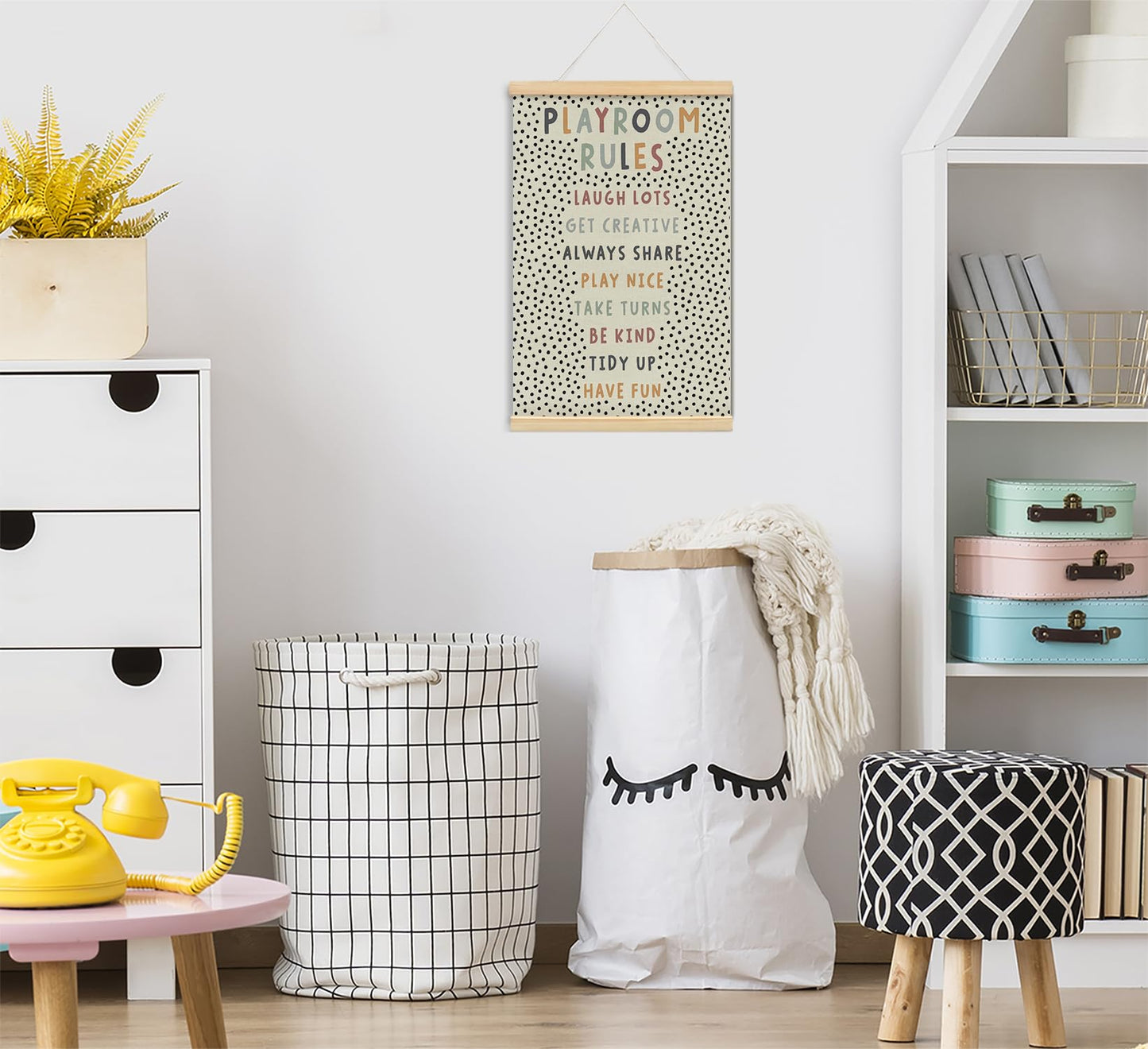 Playroom Kids Tollder Room Wall Decor, Play Room Rules Wall Decor for Kids Play Game Room Bedroom Nursery Home School Playroom Essentials, Canvas Hanging Banner Wood Poster Frameds,16x24 Inch