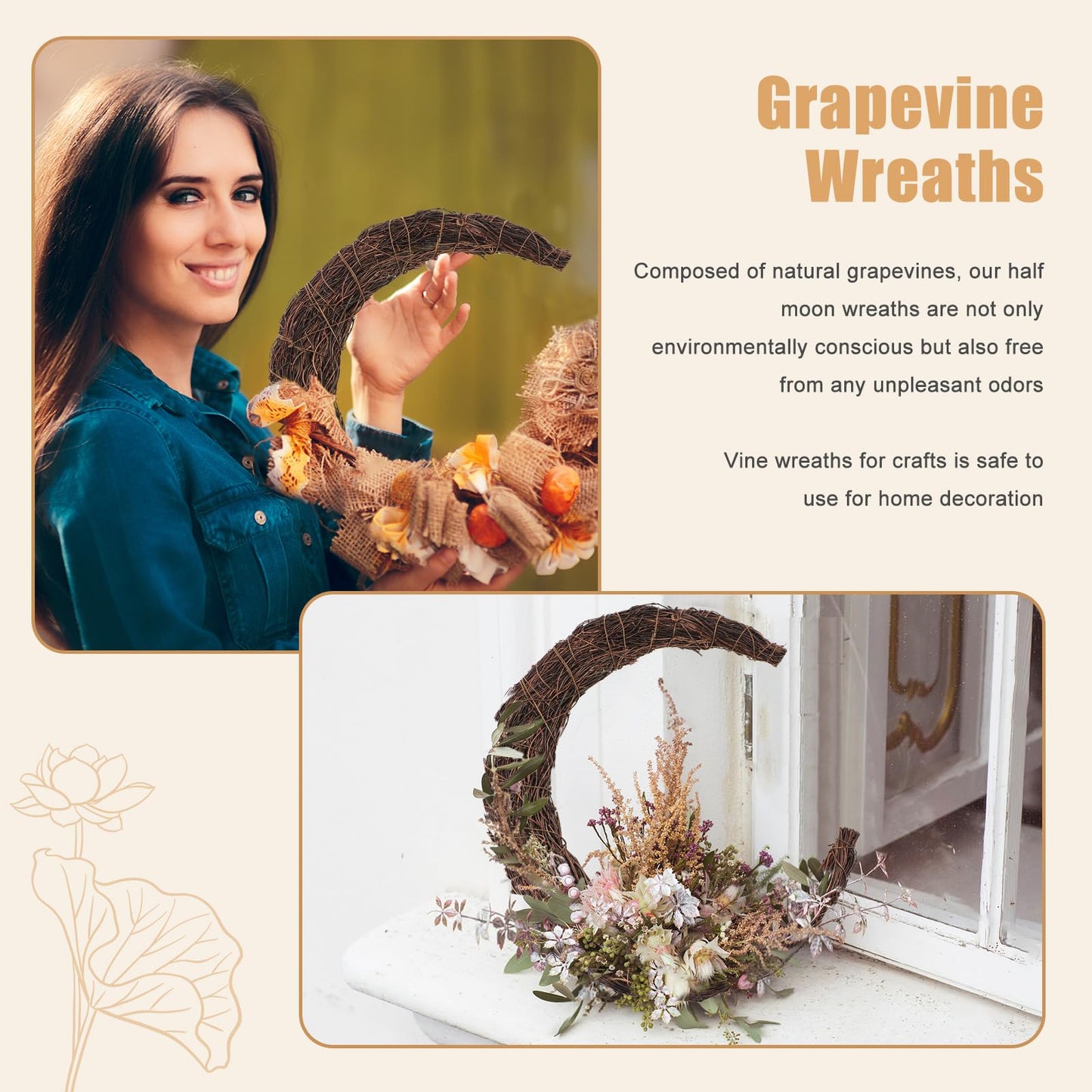 Temfmy Moon Wreath - 14 Inch Crescent Moon Natural Grapevine Wreaths Base - DIY Half Moon Shaped Wreath Making Supplies for Decor - 2 Pack