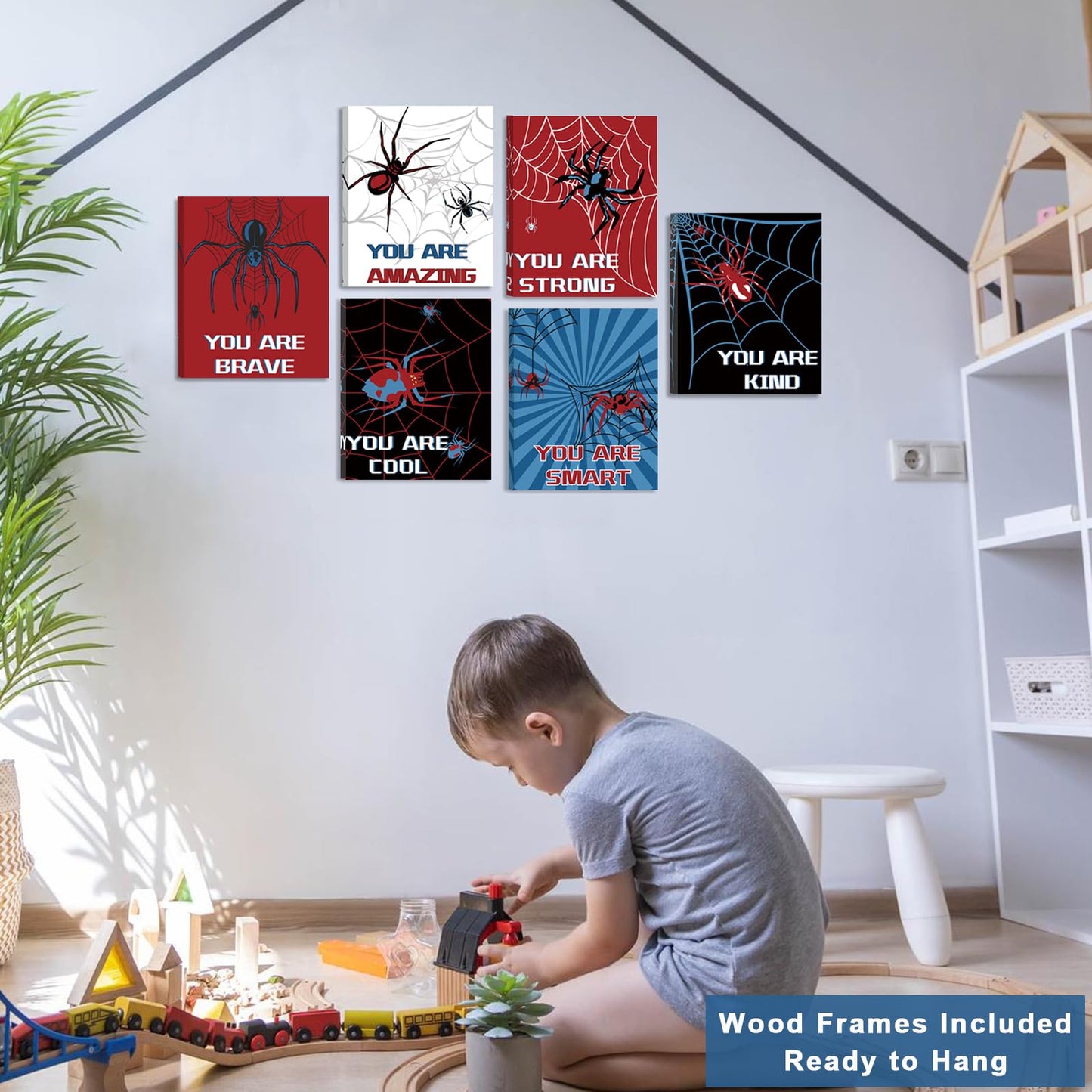 FRAMED Spider Room Decor for Boys, Spider Wall Art for Boy Wall Decor, Spider Wall Decor for Bedroom Bathroom Nursery Kids Room, Ready to Hang(Set of 6, 8x10 Inch, Framed)