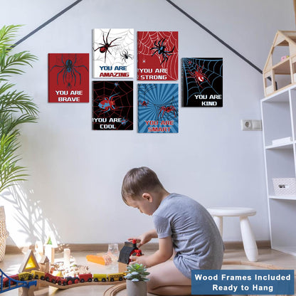 FRAMED Spider Room Decor for Boys, Spider Wall Art for Boy Wall Decor, Spider Wall Decor for Bedroom Bathroom Nursery Kids Room, Ready to Hang(Set of 6, 8x10 Inch, Framed)