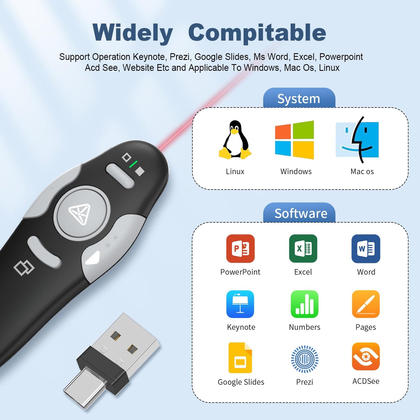 QUI 2 Pack Presentation Clicker, Wireless Presenter Remote Clicker for PowerPoint, Slide Advancer for Mac, Windows, Google Slide, Keynote (USB Type-c, Black Silver)