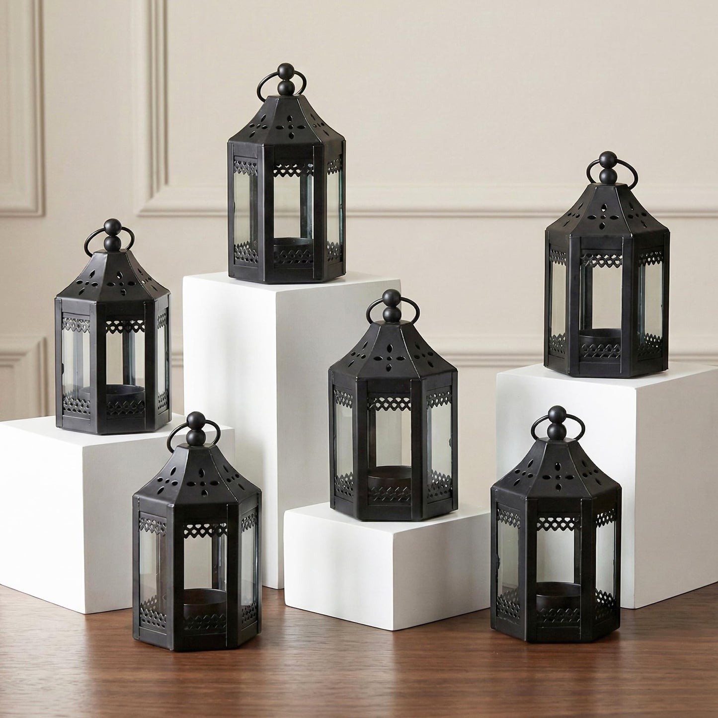 Vela Lanterns Tea Light Candle Holders, Mini Table Centerpieces, Black