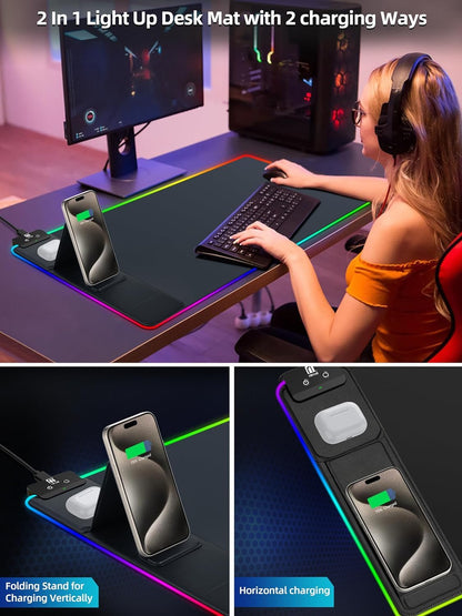 XXL Mouse Pad with Phone Holder - Black, RGB Desk Mat with 15W Fast Charging, LED Gaming Mousepad with 11 Light Colors, Waterproof Non-Slip Pad for Office & Home