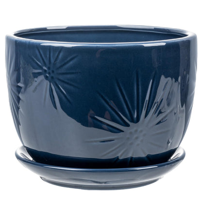 MyGift 7 Inch Round Blue Ceramic Plant Pot with Drainage Hole and Attached Saucer, Modern Decorative Embossed Sunburst Planter Container for Indoor Home Garden