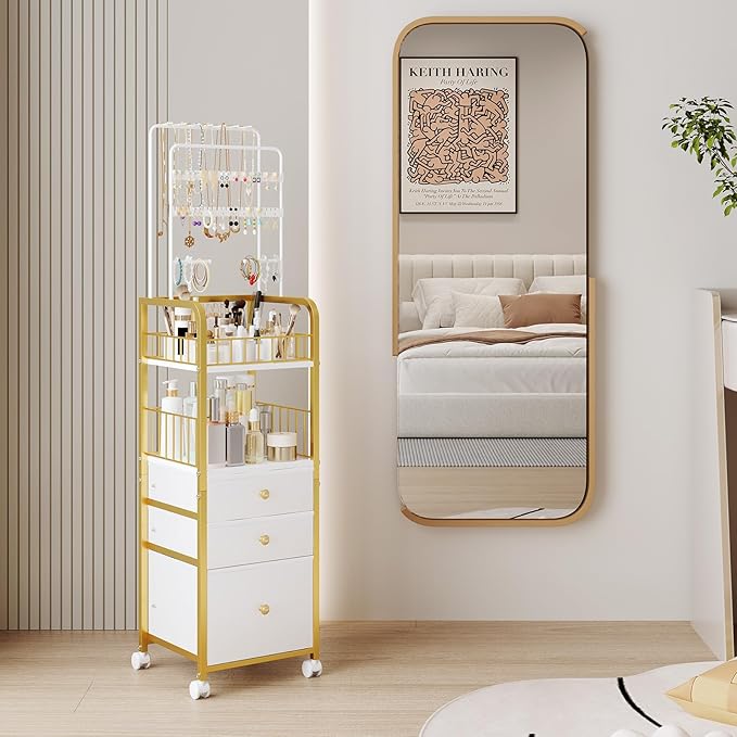 Makeup Organizer Cart with 3 Drawers, Jewelry Organizers and Storage for Earring Necklace, Large Vanity Storage Organizer for Skin Care Perfume Make up Brush Nail Polish Hair Tool (Gold)