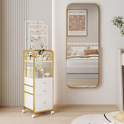 Makeup Organizer Cart with 3 Drawers, Jewelry Organizers and Storage for Earring Necklace, Large Vanity Storage Organizer for Skin Care Perfume Make up Brush Nail Polish Hair Tool (Gold)
