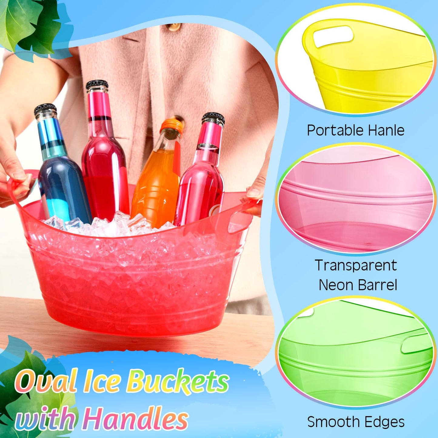 meekoo 6 Pcs Plastic Ice Buckets Bulk with Handles 4.5L Oval Storage Tub Large Capacity Ice Drink Bucket for Easter Summer Party Bar Wine Beer Champagne Beverage Bottle Cooler(4.5 L,Multicolor)