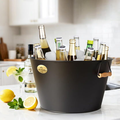 5.5 Gallon Large Beverage Tubs for Parties, 21L Ice Bucket with Wooden Handles for Beer, Wine, Cocktails & Outdoor Events -Black
