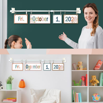 Boho Flip Calendar Bulletin Board Set Boho Rainbow Calendar for Classroom Whiteboard Decor with 2026 to 2030 Years Date Cards and Adjustable Rod for Home Elementary Back to School Teacher Supplies