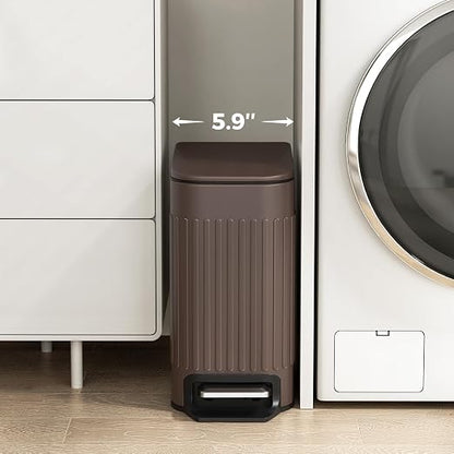TrashAid Slim Bathroom Trash Can with Lid Soft Close, 6 Liter/1.6 Gallon Stainless Steel Small Garbage Can with Removable Inner Bucket, Step Pedal, Slim Wastebasket for Toilet, Office, Bedroom, Brown