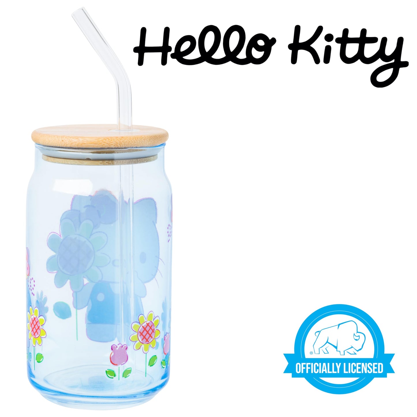 Silver Buffalo Sanrio Hello Kitty Floral Glass Tumbler with Bamboo Lid and Glass Straw, 16 Ounces