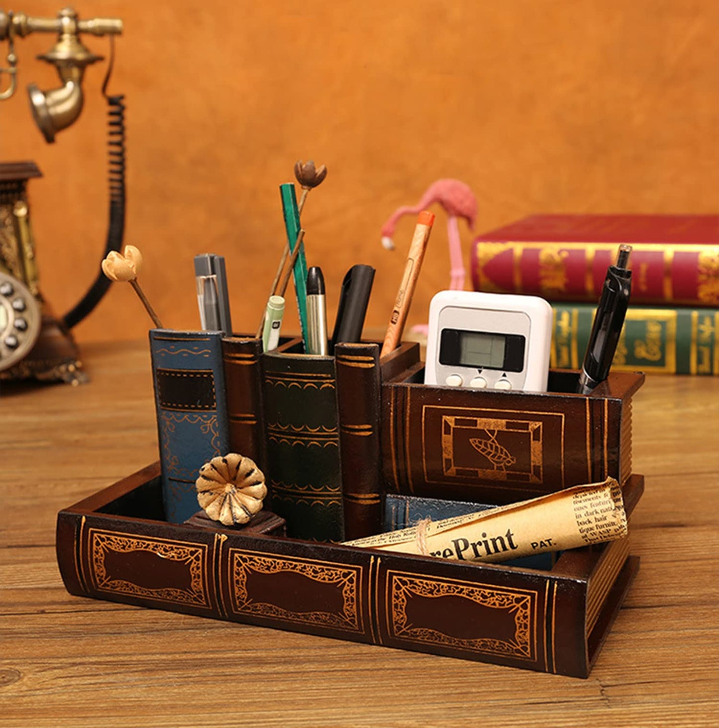 Tosnail Decorative Pen Holder with Storage Compartment, Wooden Pencil Holder and Organizer, Antique Library Books Design Pen Cup Caddy for Office Supplies, Countertop, Desk, Table