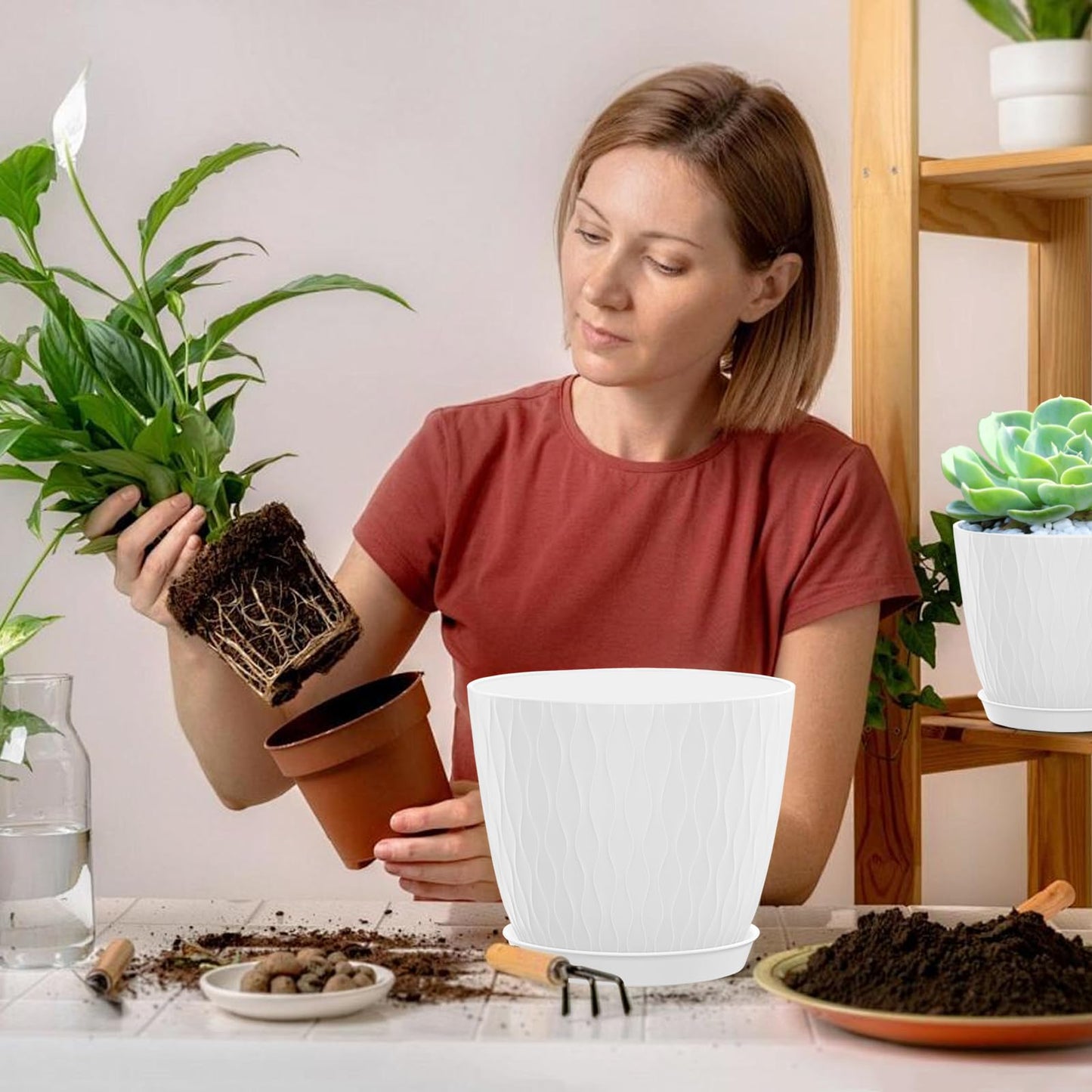 KAHEAUM 5 Pack 6 inch Planters for Outdoor Plants Indoor Plant Pots with Drainage Holes and Saucers, Modern Plastic Flower Pots for Plants Succulent Holiday Office House Home Decor Garden Pots White