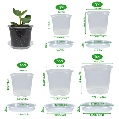 TNTIWQ 30 Pack 3/4/5/6/7 Inch Clear Nursery Pots with Drainage and 30 Pack Plant Saucers, Plant Pots for Plants Transparent Potting Containers for Plants Seeding Starter Pot (Clear, 3/4/5/6/7 Inch)