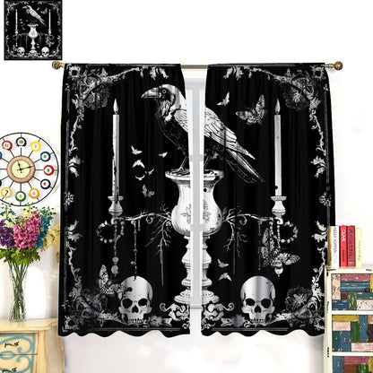 AAVEUP Gothic Crow Curtains for Boys,Mysterious Simple Eerie Skull Moth Raven Candle Flower Window Drapes Print for Halloween Kids Boys Girls Bedroom Living Room Bathroom 42x45in