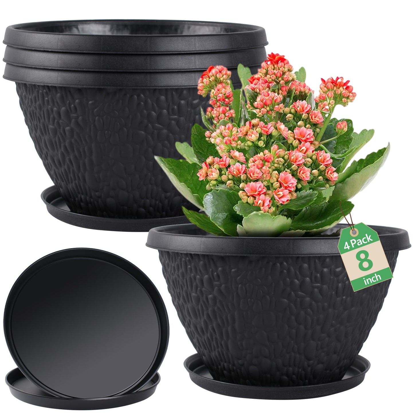 Nooulap 4 Pack 8 inch Plant Pots for Outdoor Indoor, Durable Flower Pots with Drainage, Indoor Outdoor Planters for Herbs Flowers (Black Pebbles Design)