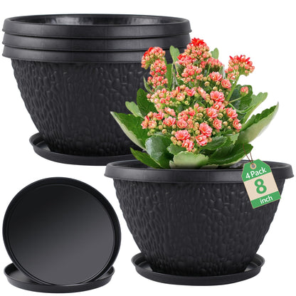Nooulap 4 Pack 8 inch Plant Pots for Outdoor Indoor, Durable Flower Pots with Drainage, Indoor Outdoor Planters for Herbs Flowers (Black Pebbles Design)