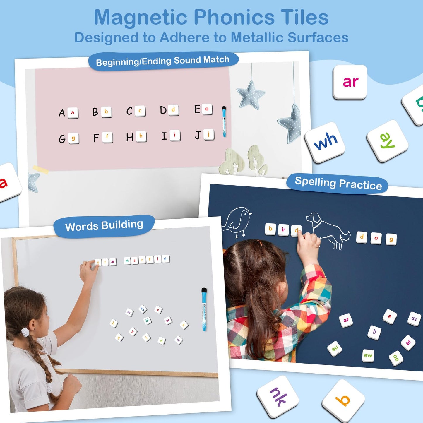 Aizweb Phonics Magnetic Letter Tiles,All-in-one Magnetic Phonics Kit,Reading &Spelling Games with Dry-Erase Boards&Storage Case,Phonics Games for Preschool Pre k& Kindergarten Classroom Learning