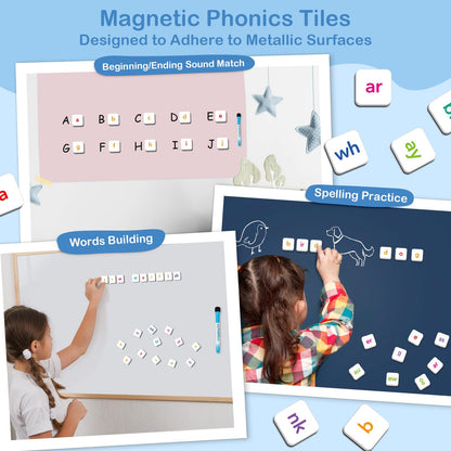 Aizweb Phonics Magnetic Letter Tiles,All-in-one Magnetic Phonics Kit,Reading &Spelling Games with Dry-Erase Boards&Storage Case,Phonics Games for Preschool Pre k& Kindergarten Classroom Learning