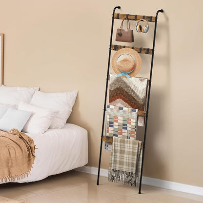 Blanket Ladders for the Living Room 5 Tier Towel Ladder for Bathroom with 10 Removable Hooks Wall Leaning Quilt Rack for Bedroom Display Rustic Farmhouse Home Decor, Rustic Brown