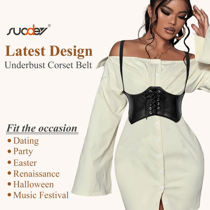 SUOSDEY Women Underbust Corset Belt Elastic Faux Leather Steampunk Renaissance Goth Corset Vest with Straps