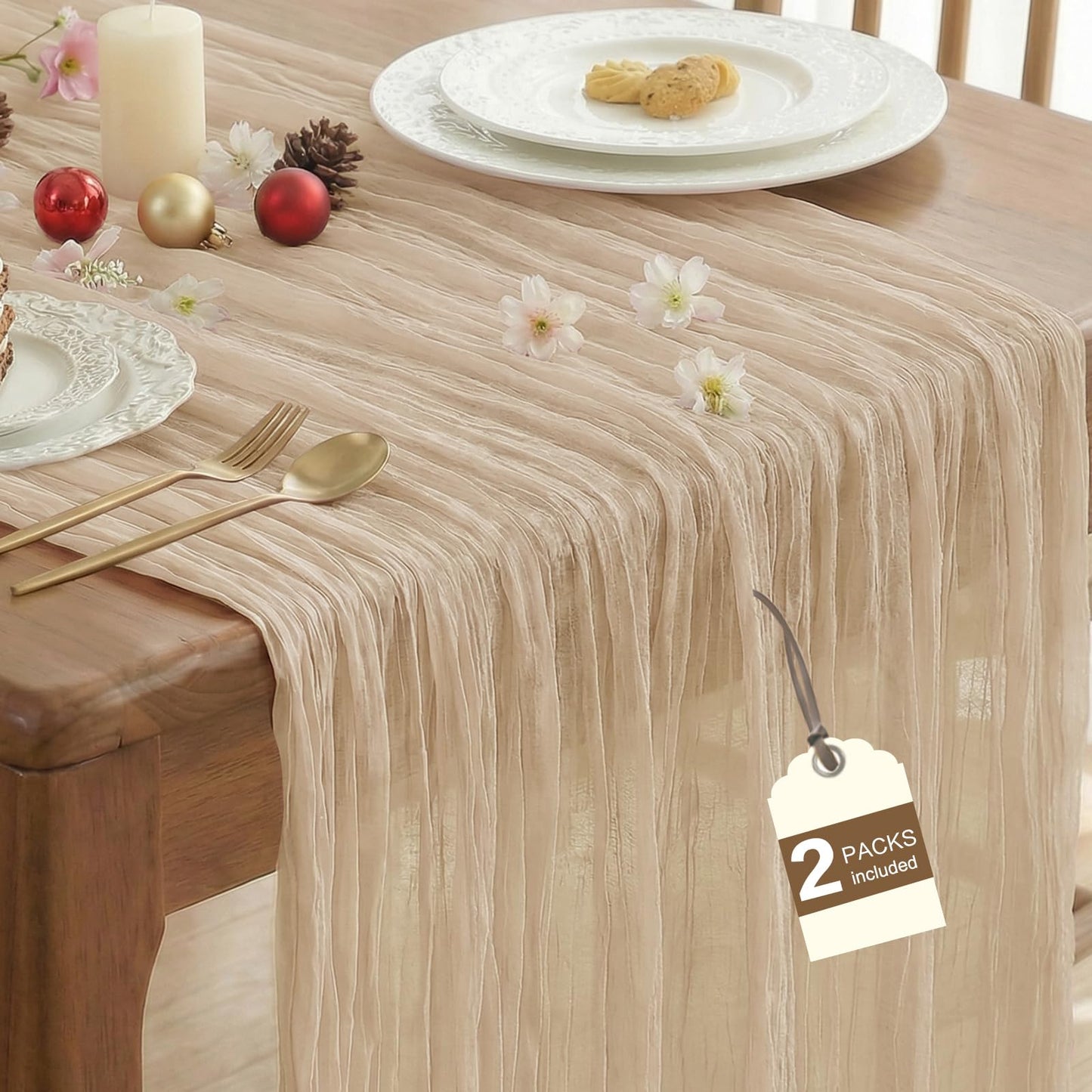 IVAPUPU 2 Pcs Cheesecloth Table Runner - 10ft Nude Boho Gauze Cheese Cloth Table Runners for Baby Shower Decorations Wedding Party Summer Garden Farmhouse