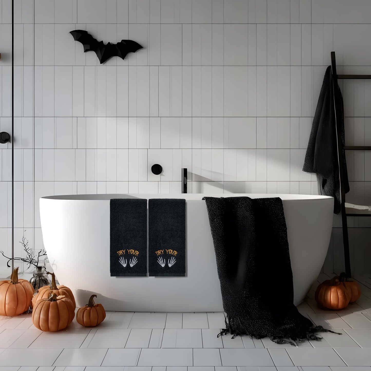 EraGleeVibe 2 Pcs Halloween Gothic Skull Skeleton Embroidered Hand Towels Black Dry Your Hands Cotton Towel for Bathroom Home Kithcen Skeleton Bathroom Towels Gift 13.4 x 29.5 Inch