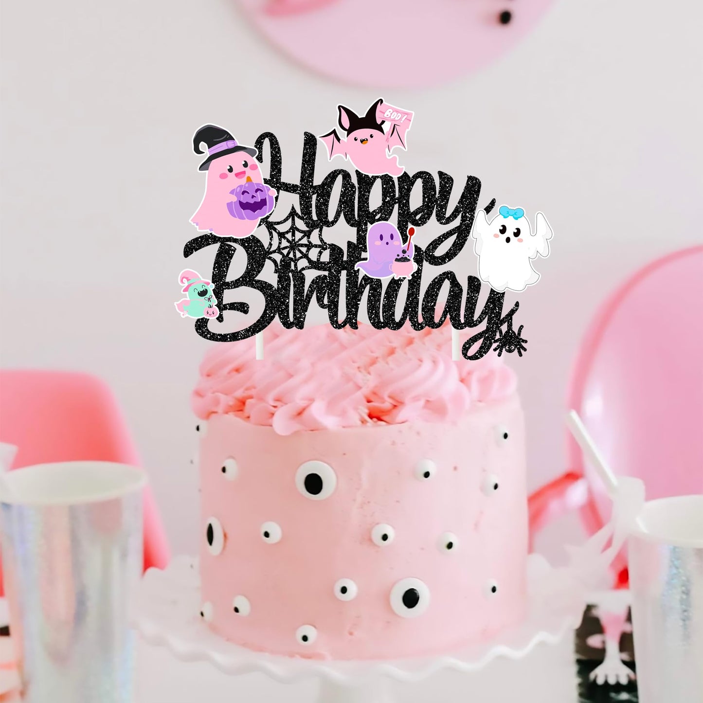 Halloween Ghost Happy Birthday Cake Topper Black Glitter Halloween Birthday Cake Decorations Pastel Ghost Cake Picks Ghosts Boo Day Baby Shower Decor for Birthday Party Supplies