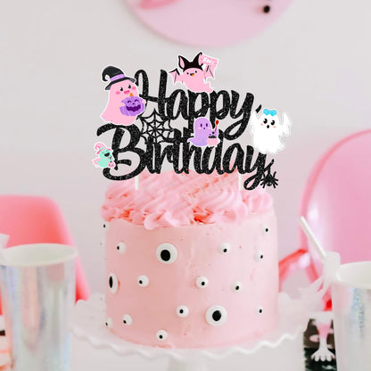 Halloween Ghost Happy Birthday Cake Topper Black Glitter Halloween Birthday Cake Decorations Pastel Ghost Cake Picks Ghosts Boo Day Baby Shower Decor for Birthday Party Supplies