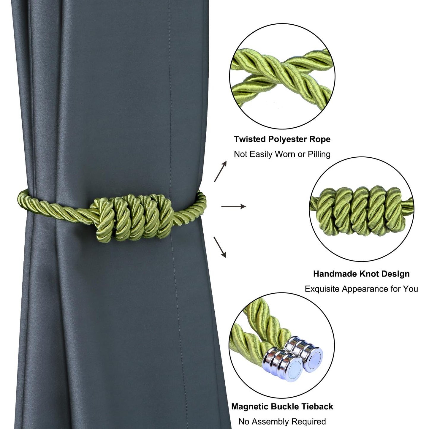 BEL AVENIR Magnetic Curtain Tiebacks, Decorative Drapery Holdbacks Modern Woven Tie-Backs with Exquisite Knot (Green, 4 Pack)