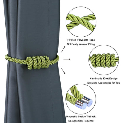 BEL AVENIR Magnetic Curtain Tiebacks, Decorative Drapery Holdbacks Modern Woven Tie-Backs with Exquisite Knot (Green, 4 Pack)