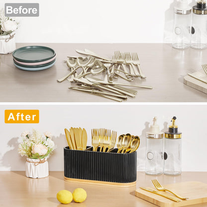 HouseJoy Countertop Silverware Holder, Silverware Caddy Organizer Holder for Forks, Spoons, Knives, Cutlery Caddy with 3 Compartments, Kitchen Utensil Holder for Party, Countertop, Black