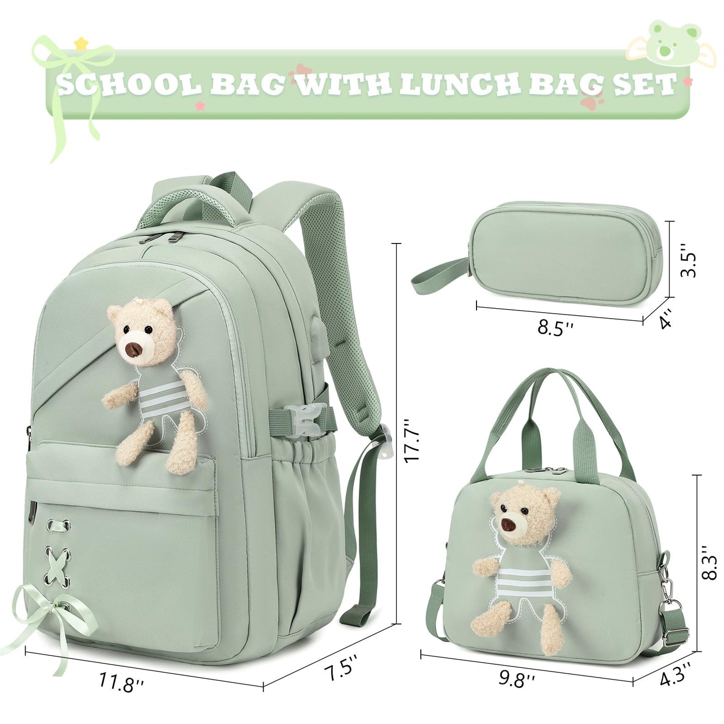 ACESAK School Backpack for Girls - 3 PCS Cute Girls Backpack with Lunch Box & Pencil Case - Kawaii Casual Kids Bookbag School Bag Daypacks Set for Elementary Middle High School Student Teens (Green)