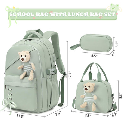 ACESAK School Backpack for Girls - 3 PCS Cute Girls Backpack with Lunch Box & Pencil Case - Kawaii Casual Kids Bookbag School Bag Daypacks Set for Elementary Middle High School Student Teens (Green)
