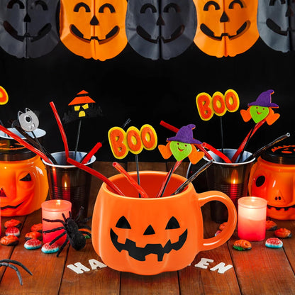 Peclek 12 oz Halloween Pumpkin Mug, Ceramic Cute Pumpkin Coffee Cup, Black Face