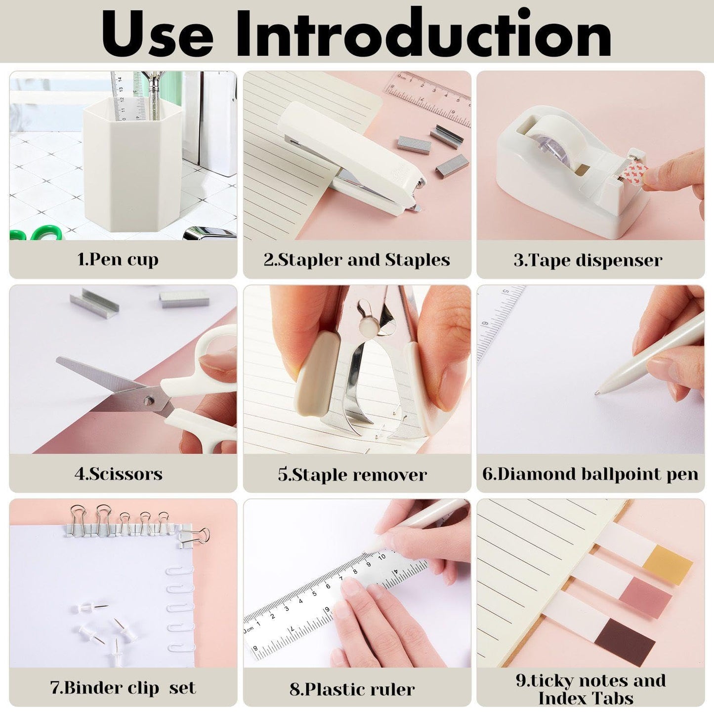 Marspark 12 Pcs Beige Office Supplies Desk Accessories Set Pen Holder Tape Dispenser Stapler Staple Remover Staples Tape Ruler Scissor Pen Sticky Note Index Tab Clips Set for School Office Home
