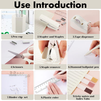 Marspark 12 Pcs Beige Office Supplies Desk Accessories Set Pen Holder Tape Dispenser Stapler Staple Remover Staples Tape Ruler Scissor Pen Sticky Note Index Tab Clips Set for School Office Home