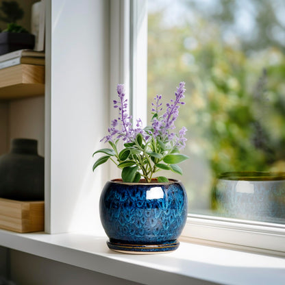 SQOWL 6 Inch Plant Pot - Ceramic Planter Pot with Drainage Hole and Saucer, Succulent Pot Round Flower Pot for Indoor Plants Outdoor, Blue