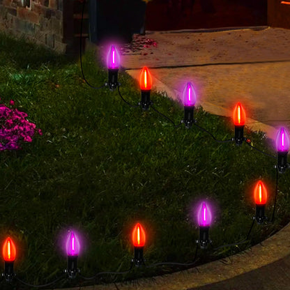 SUNSGNE Halloween Pathway Lights, 19.5Ft Halloween Stake Lights with 10 Count C9 LED Orange and Purple Bulbs for Lawn Yard Sidewalk Garden Decoration